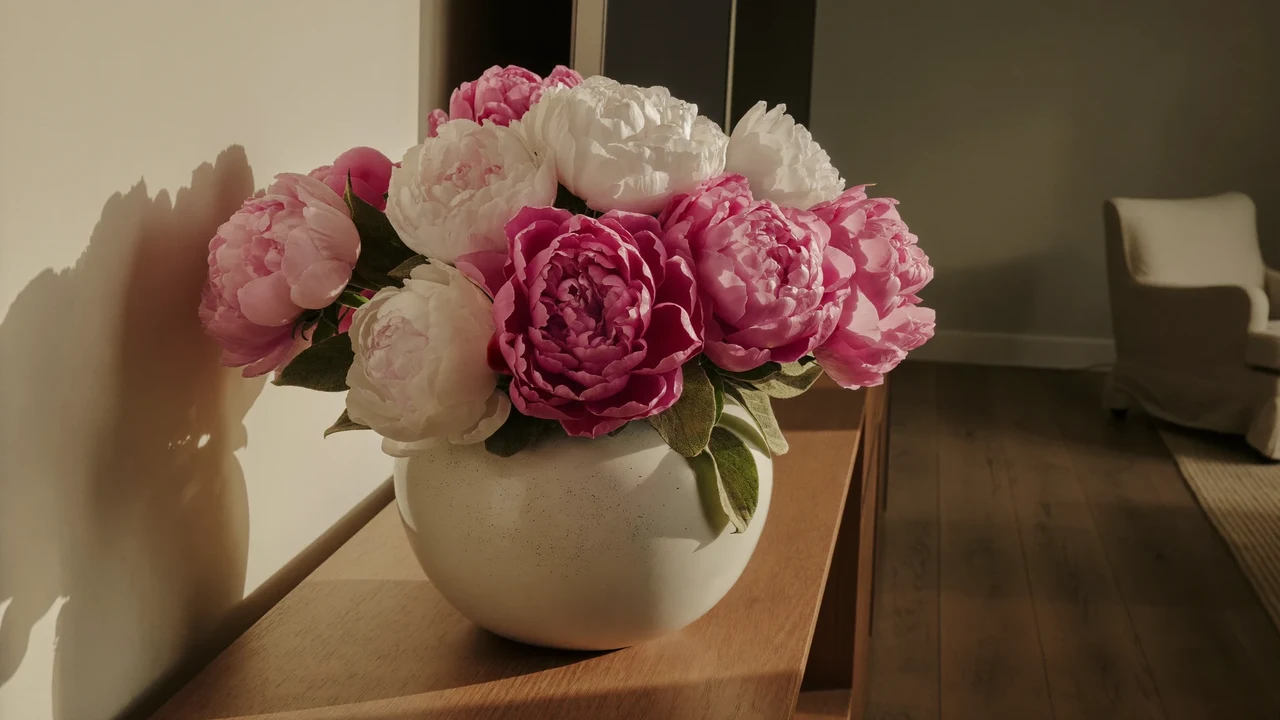 Coin de salon lumineux avec un grand bouquet de pivoines artificielles sur une console en bois