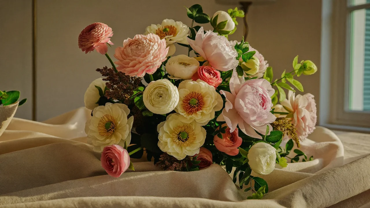 Bouquet artificiel de pivoines et ranoncules blush et crème posé sur une table en lin