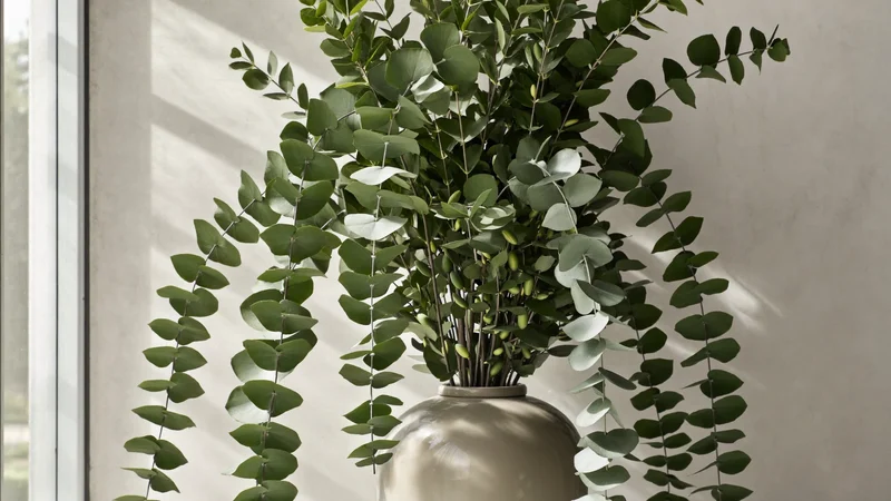 Hautes branches artificielles d'eucalyptus et d'olivier dans un grand vase au pied d'un mur plâtré