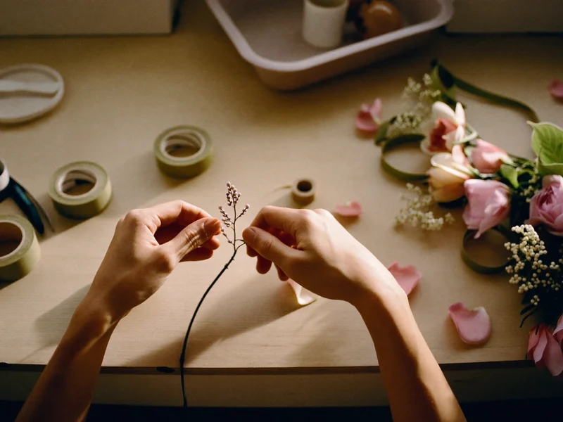 Mains ajustant une tige artificielle sur un établi avec ruban floral et pétales de soie
