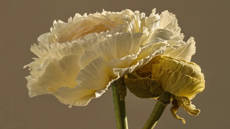 Gros plan sur les pétales en tissu et la tige filaire d'une ranoncule artificielle